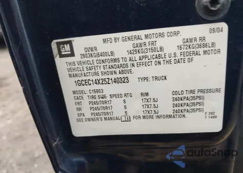 2005 Chevrolet Silverado 1500 Work Truck from USA, damaged, VIN 1GCEC14X25Z140323